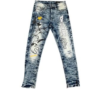 Southpole X Tom and Jerry Jeans Mens 30W 30L Blue Acid Wash Graphic Slim Urban